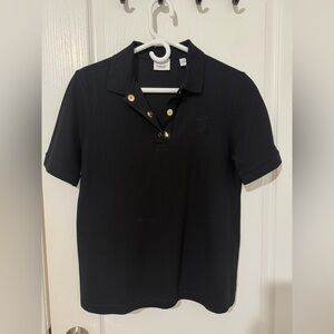 Burberry Black Polo with Tonal TB Monogram and Gold Buttons